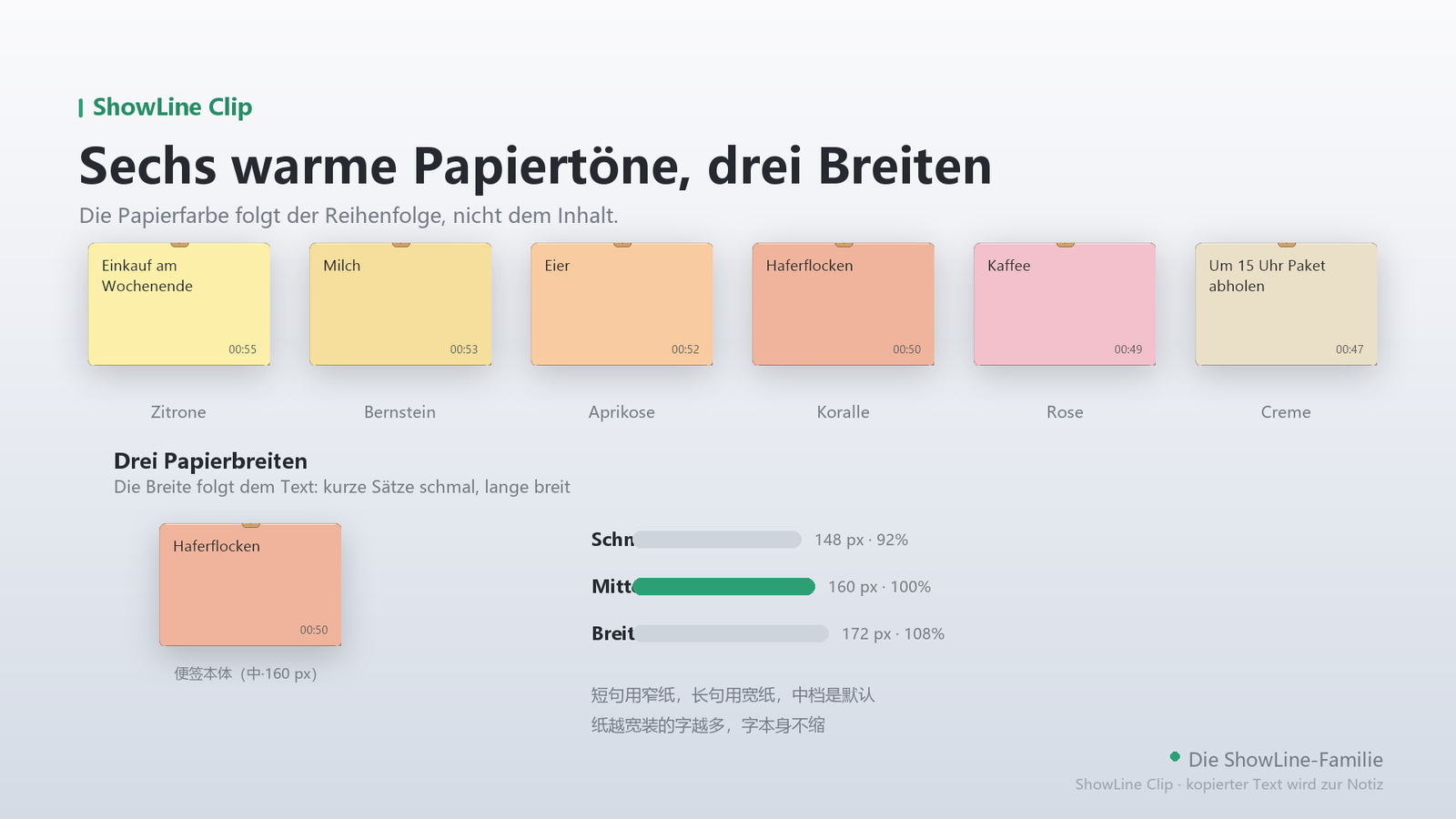 Sechs Papiertöne, drei Breiten