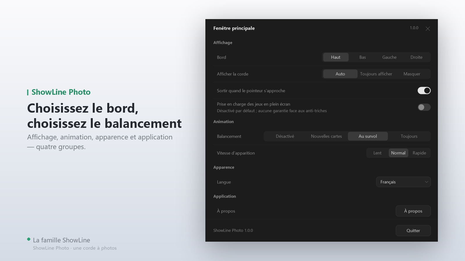 Affichage, mouvement, apparence, app