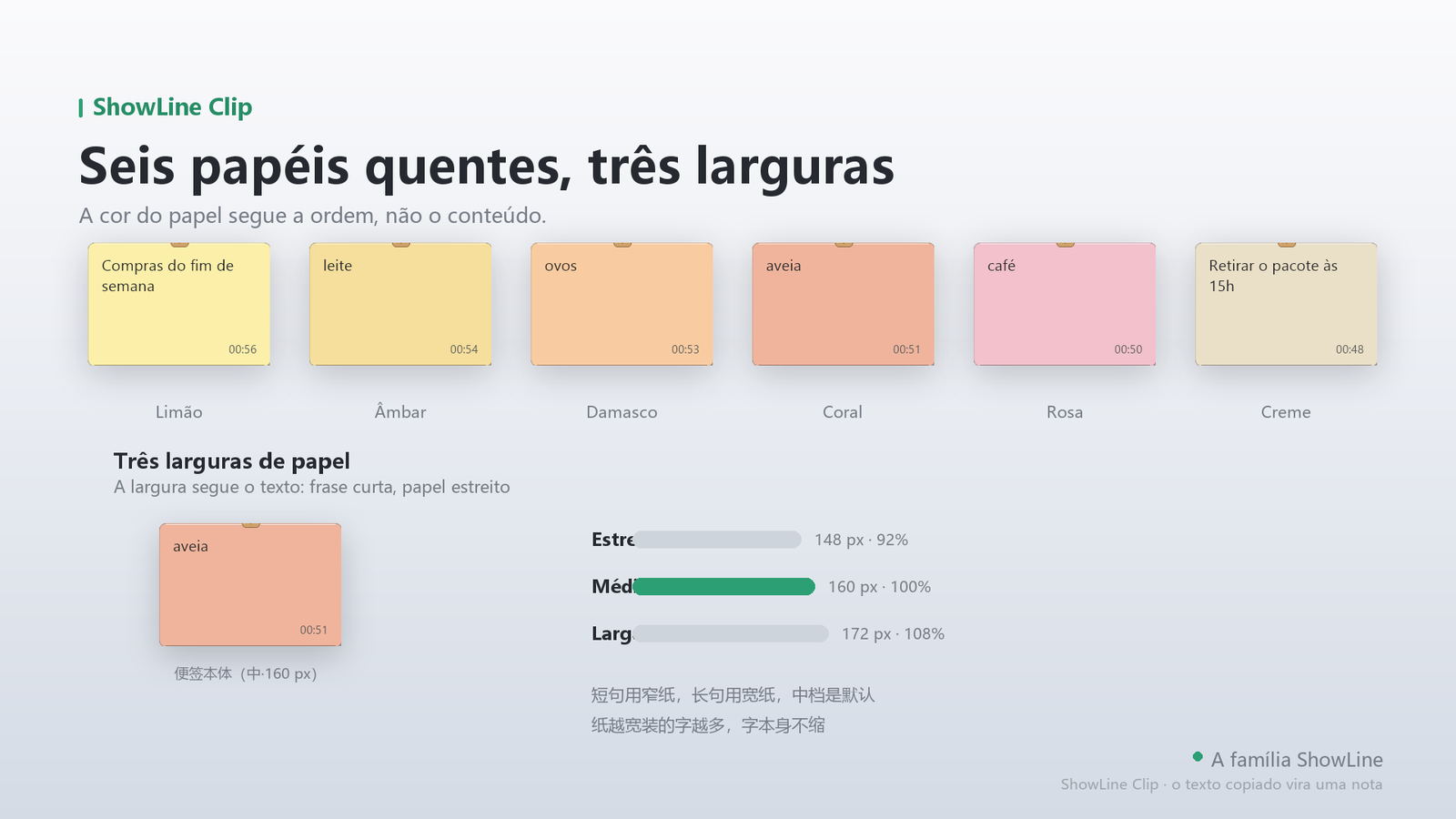 Seis cores de papel, três larguras