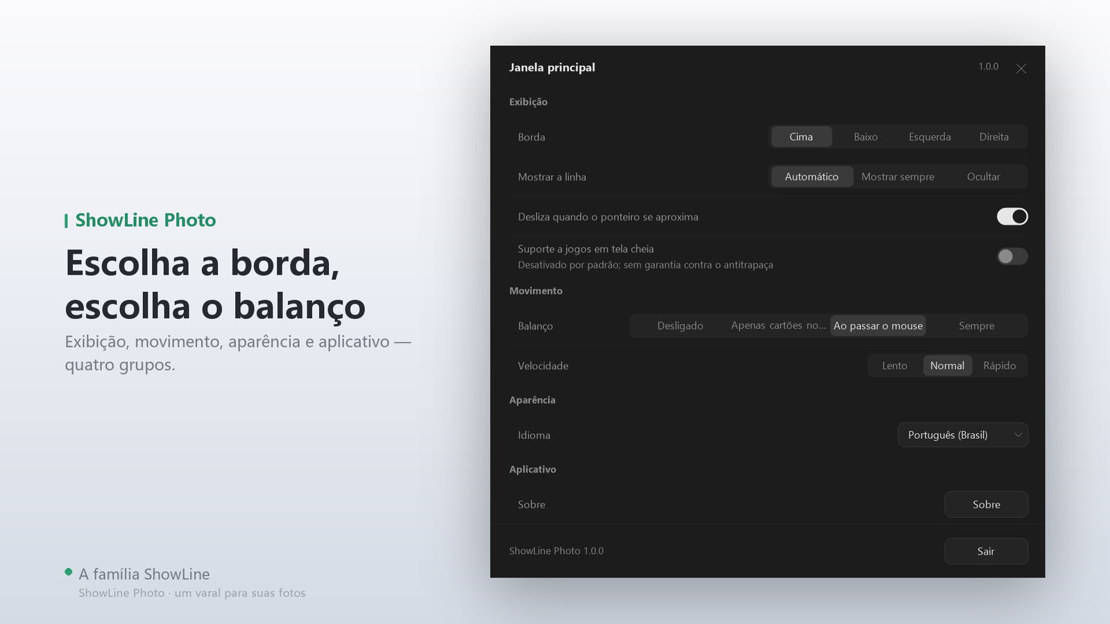 Exibição, movimento, aparência, app